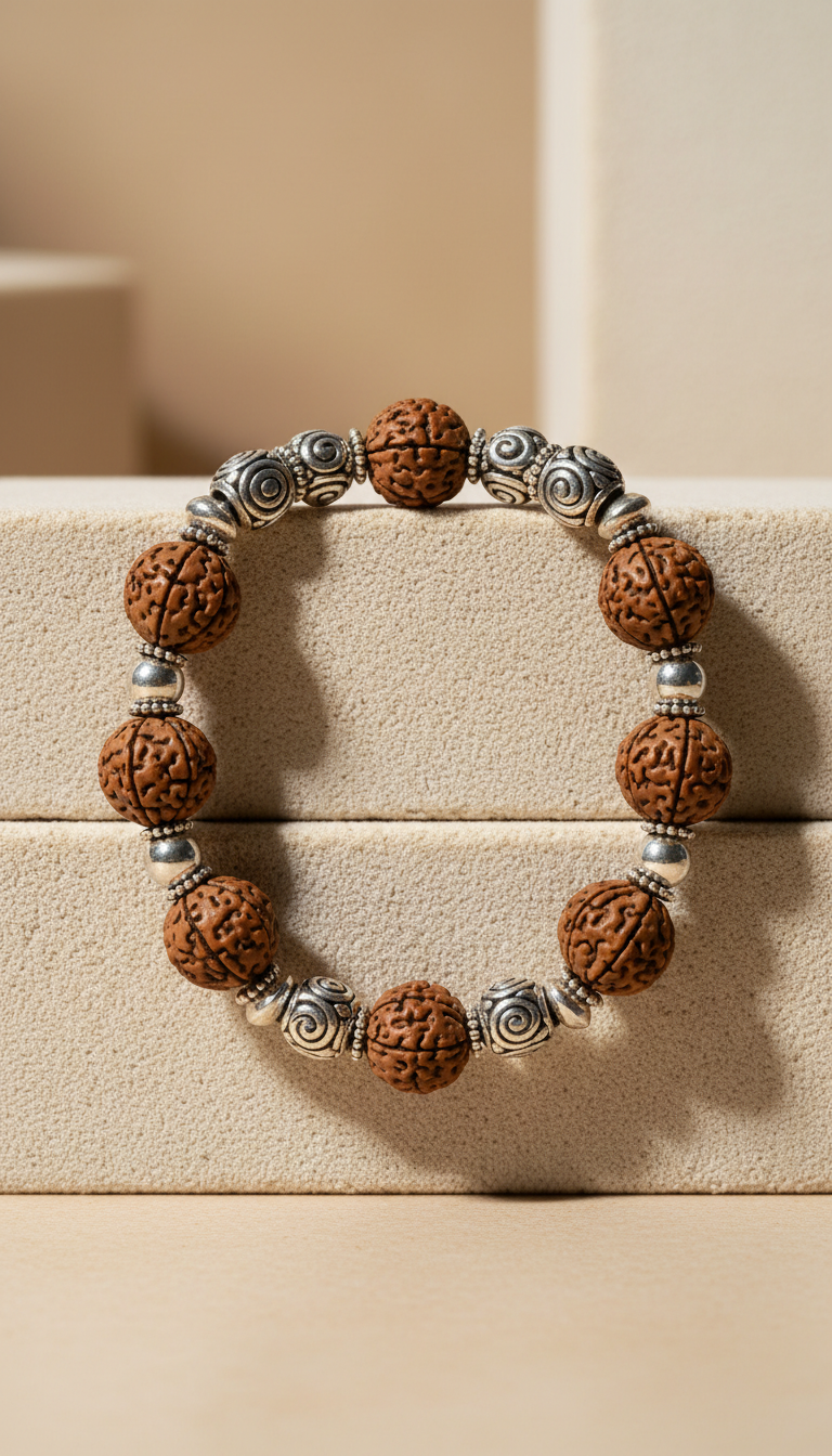 Rudraksha and silver bead bracelet