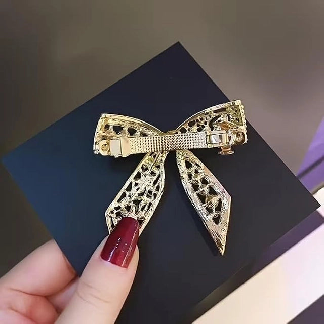 Diversa Gold Plated Pearl Hair Clip, Bowknot Design with CZ Stones, French Barrette for Metal French Barrette for Festivals Wedding and Special Occasions