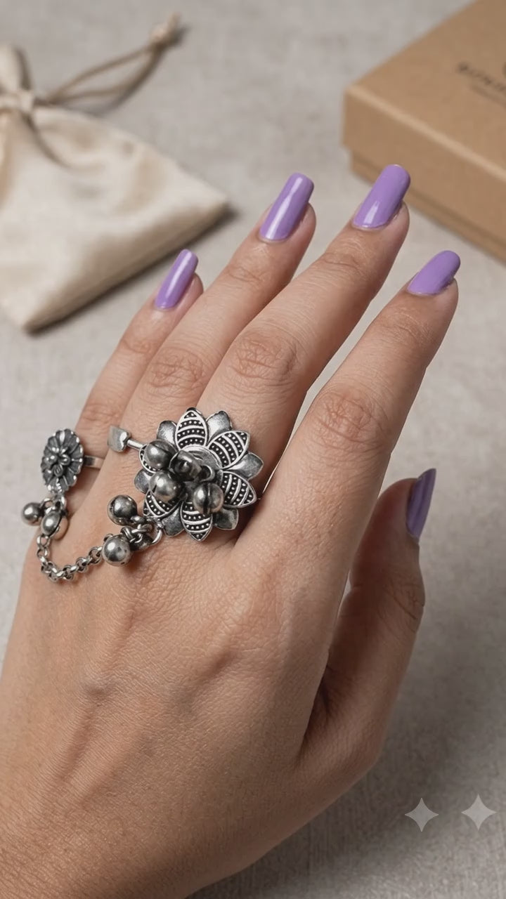 **Oxidized Silver Boho Floral Chain-Connected Double Ring with Ghungroos**